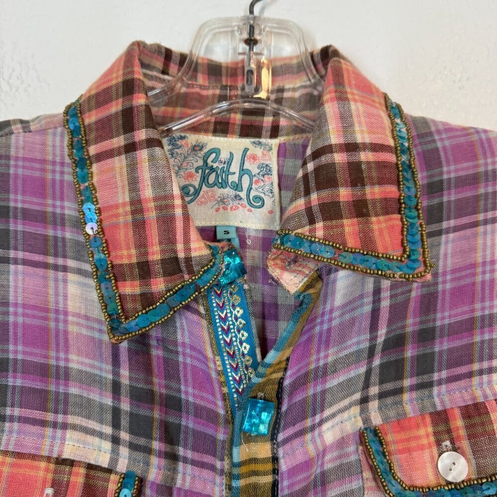 Patchwork Plaid Embroidered Sequin Top Shirt Butt… - image 2